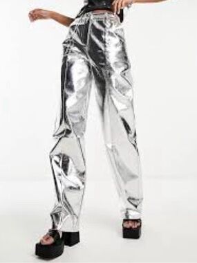 4th + Reckless Metallic Silver Faux Leather Straight Leg Pants XL Pockets NWT
